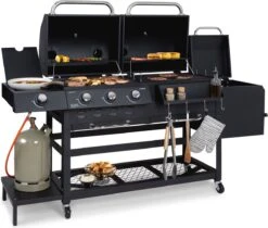 Klarstein Kingsville Double Barbecue - Houtskool- En Gasbarbecue - Smoker BBQ - Inclusief Deksels En Thermometer - Met 2 Roosters - Zwart -Beste Barbecue Grill winkel 1200x1020