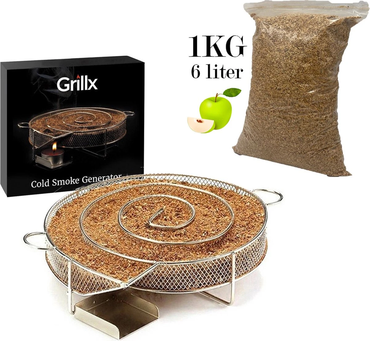 GrillX Cold Smoke Generator Met 1KG Appel Rookmot - 6 Liter - Smokerbox - RVS Rookbox - Rookgenerator - Koud Roken - BBQ Accesoires 1 GrillX Cold Smoke Generator Met 1KG Appel Rookmot - 6 Liter - Smokerbox - RVS Rookbox - Rookgenerator - Koud Roken - BBQ Accesoires