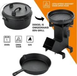Dutch Mountains Gietijzeren Pannenset 7-delig - Dutch Oven – Braadpan - Grillpan - Hapjespan - Kookset In Houten Transportkist - Deksellifter - Brander -Beste Barbecue Grill winkel 1200x1185 4