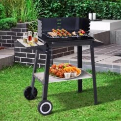 Verrijdbare Barbecue – Houtskool/Briketten - Verstelbare Grillplaat – Houten Tafel – Winscherm – Gewicht 5.9kg -Beste Barbecue Grill winkel 1200x1200